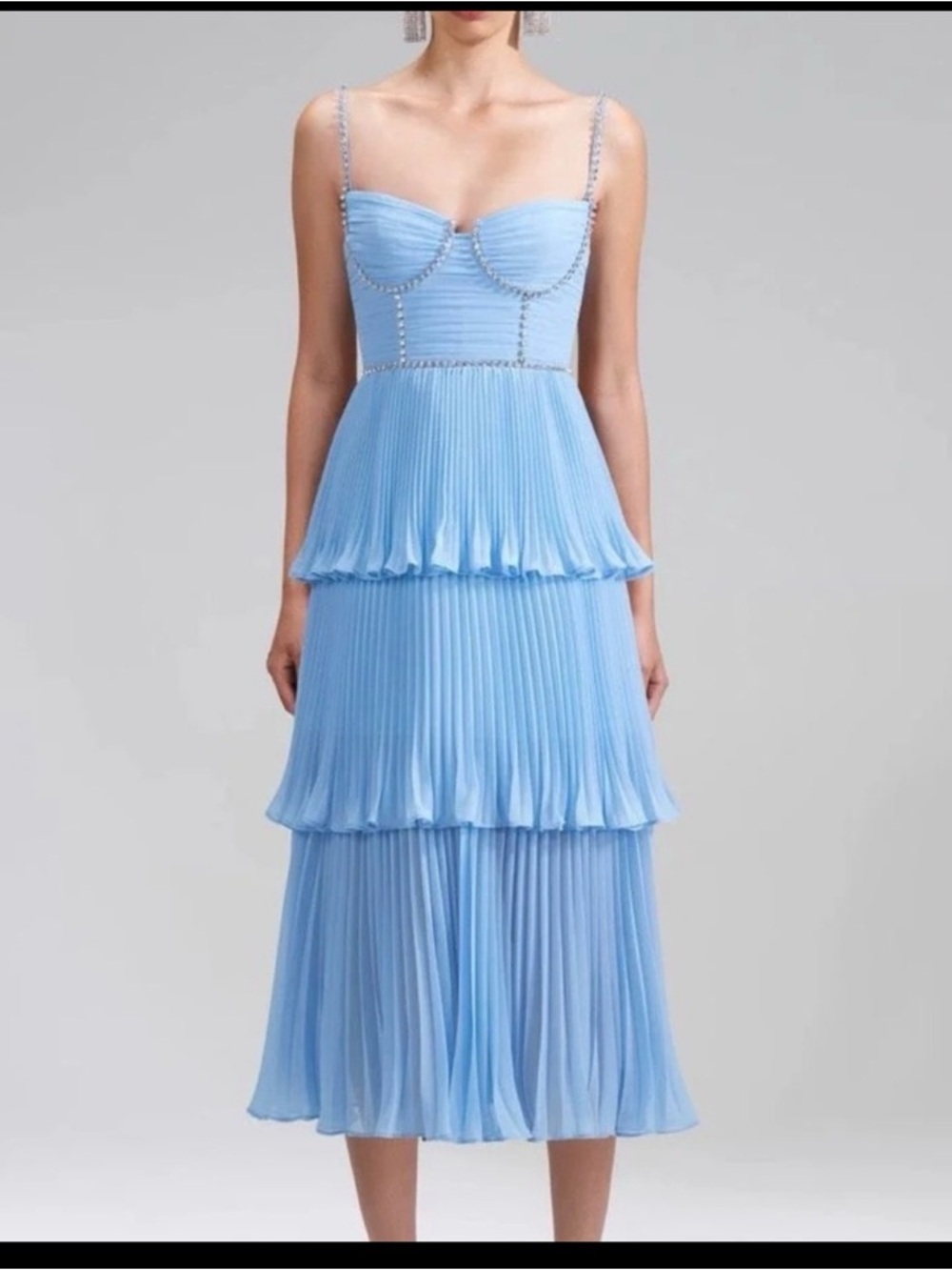 Self-Portrait Light Blue Tiered Pleated Midi Dress